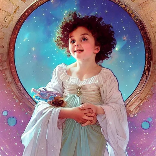 Image similar to a cute little girl with a round cherubic face, blue eyes, and short curly light brown hair smiles as she floats in space with stars all around her. She is wearing a turquoise dress. Beautiful painting by Artgerm and Greg Rutkowski and Alphonse Mucha