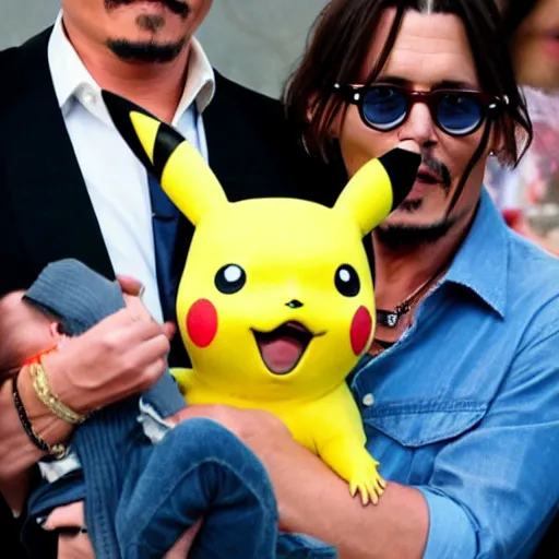 Image similar to johnny depp holding a baby pikachu