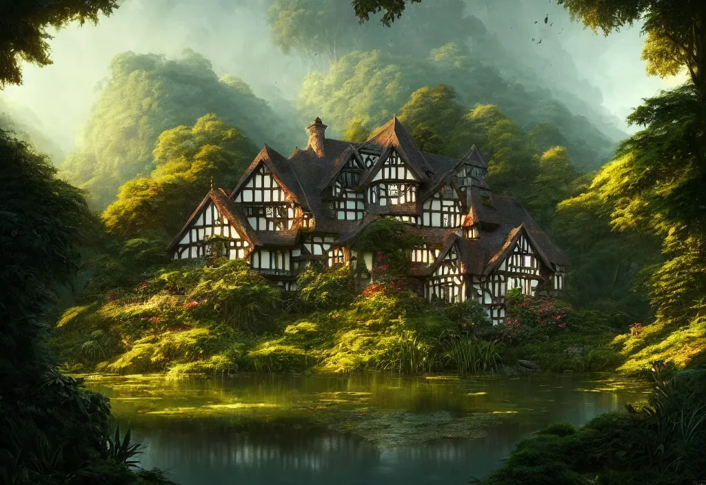 Image similar to a tudor house on a hillside surrounded by jungle with a pond, blue sky, cinematic view, detailed architecture, concept art, high detail, well lit, volumetric, godrays, vivid, trending on artstation, by jordan grimmer, art greg rutkowski