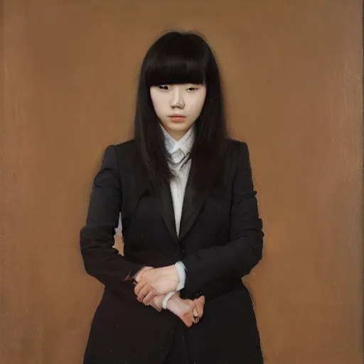 Image similar to portrait of a beautiful korean girl wearing a men's tuxedo, with long hair and bangs, angular features, angry expression, oil on canvas, elegant pose, masterpiece, Jonathan Yeo painting