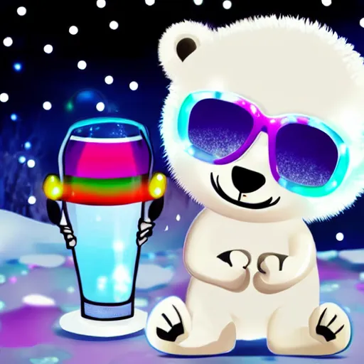 Prompt: cute little white polar bear with sunglasses, party, disco lights, drinking cocktail