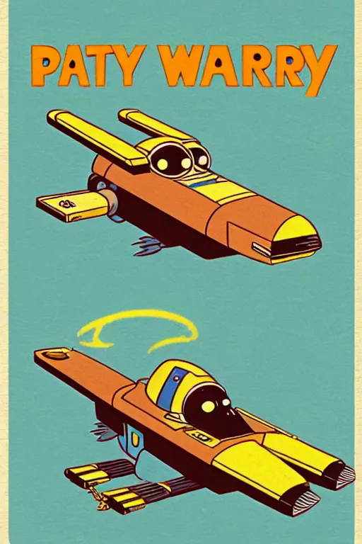 Prompt: by richard scarry. a platypus driving an x - wing. a 1 9 5 0 s retro illustration. studio ghibli. muted colors, detailed