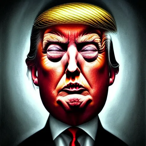 Prompt: donald trump face, peer into the depths of the endless cosmic void, shine a light on your darkest terror. by anton semenov, hyperrealistic photorealism acrylic on canvas