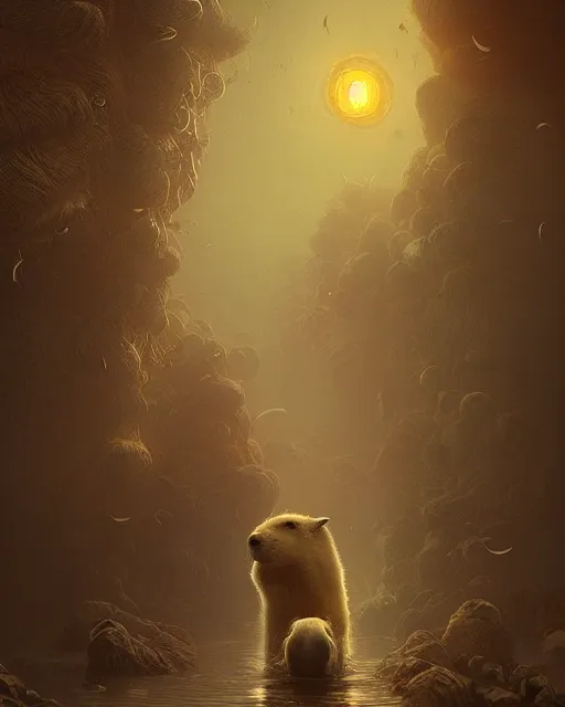 Image similar to lovecraftian white capybara, surreal photography, sunrise dramatic light, impressionist painting, digital painting, artstation, kilian eng, john harris, bastien lecouffe - deharme, simon stalenhag, flower face