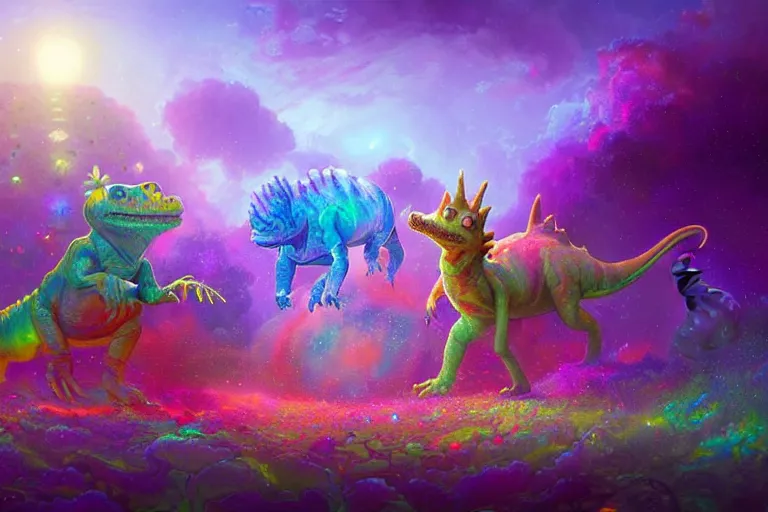 Image similar to a psychedelic realm made entirely out of love and acceptance and hypercolors. astral beings sharing love. cute smiling glowing skin glowing chibi style pixar baby dinosaurs in the style of greg rutkowski and wlop and lisa frank! and bob ross!!! and ruan jia, illustration, epic, fantasy, hyper detailed, smooth, unreal engine, sharp focus, ray tracing