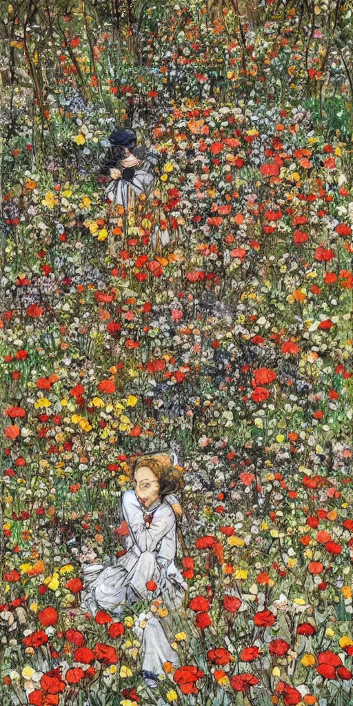 Image similar to oil painting scene from flower fields in the forest by kim jung gi