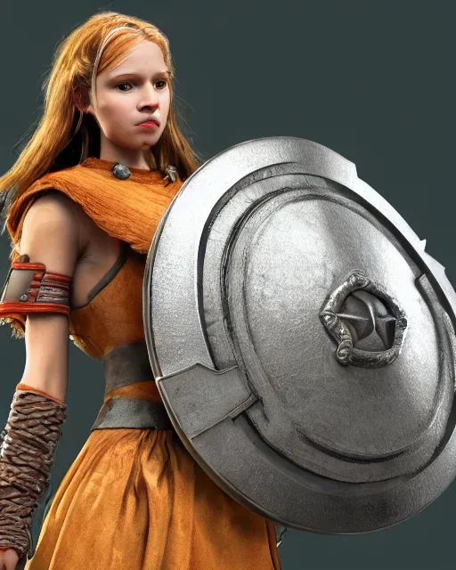 Image similar to a viking girl with a shield, pixar style, clean detail, symmetrical, octane render, studio lighting