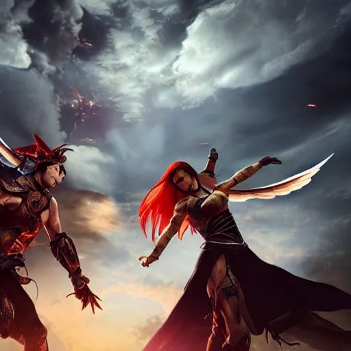 Prompt: an epic battle between a female angel and male demon locked in mortal combat flying through the air, cinematic, excellent lighting, fully rendered, clouds in the background