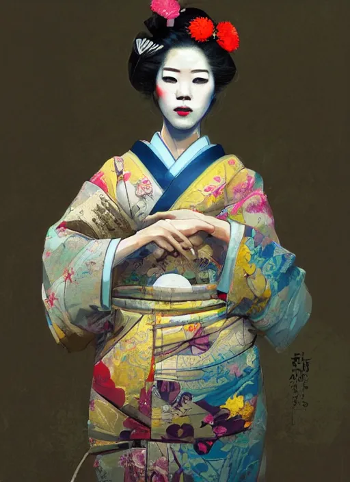 Image similar to female geisha girl, beautiful face, colourful, rule of thirds, intricate outfit, spotlight, by greg rutkowski, by jeremy mann, digital painting