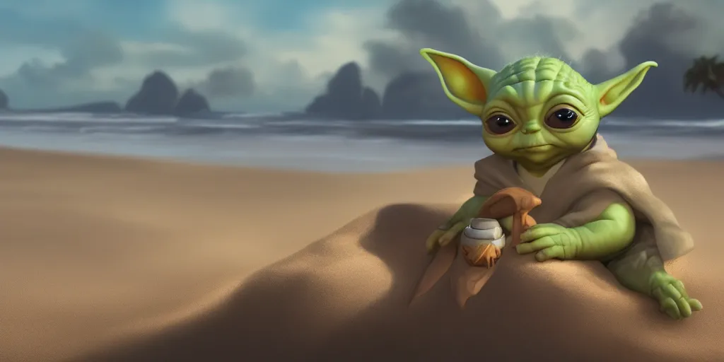 Image similar to Baby Yoda chillin on a beach, waves coming up onto the shore, palm trees swaying in the wind, hyperdetailed, artstation, cgsociety, 8k