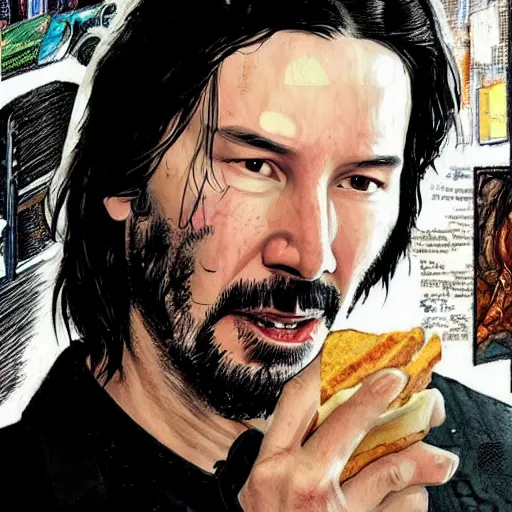 Prompt: keanu reeves eating a sandwich as a quirky cyberpunk wizzard, dark-hair, intricate, elegant, highly detailed, smooth, sharp focus, detailed face, high contrast, dramatic lighting, graphic novel, art by Ardian Syaf and Michael Choi