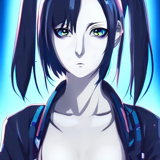 Image similar to female cyberpunk anime girl, symmetrical faces and eyes symmetrical body, middle shot waist up, Madhouse anime studios, Black Lagoon, Perfect Blue, Wit studio anime, studio lighting