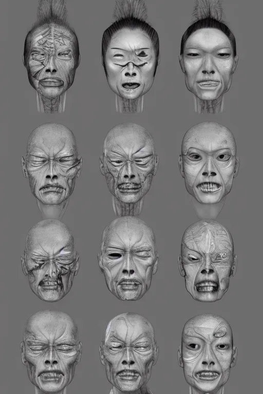 Image similar to asian facial anatomy with gunmetal grey skin, medical anatomy, very symmetrical face, highly detailed, three - perspective / three - view reference sheet ( front / back / side ), in the style of dan ouellette, steven jung, amanda lilleston, hr giger, sil from species, dren from splice, mecha, artstation, unreal engine