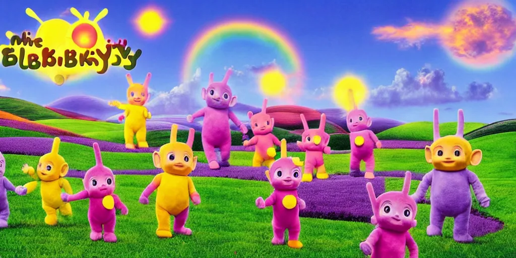 Prompt: Many teletubbies in the style of Thomas Kincade