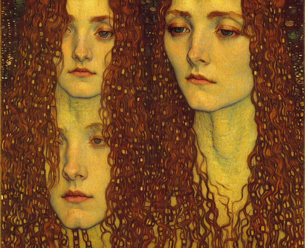 Image similar to detailed realistic beautiful young medieval queen face portrait by jean delville, gustav klimt and vincent van gogh, art nouveau, symbolist, visionary, gothic, pre - raphaelite, muted earthy colors, desaturated