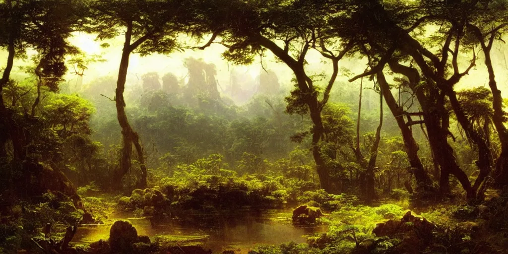 Image similar to landscape image of an extremely alien jungle planet, by Albert Bierstadt