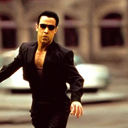 Prompt: Still of Xavi Hernandez in The Matrix reloaded (1999)