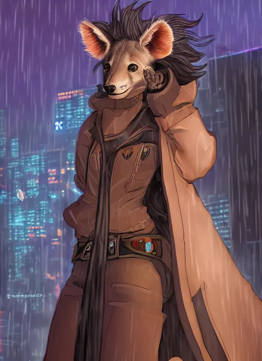 Prompt: character portrait of a female anthro hyena fursona with a cute beautiful attractive face and long black curly hair wearing jedi robes in a cyberpunk city at night while it rains. hidari, color page, tankoban, 4K, tone mapping, Akihiko Yoshida.