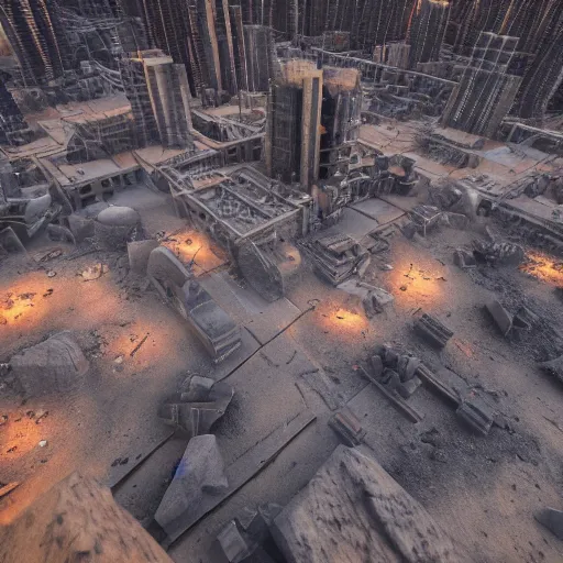 Image similar to The remnants of a city with tall buildings built by an advanced civilization that crumbled after an apocalyptic event. It is found in the dark depths of a sand cavern, lit by light sticks on the ground, seen from above, first person POV, octane render, 8k, unreal engine