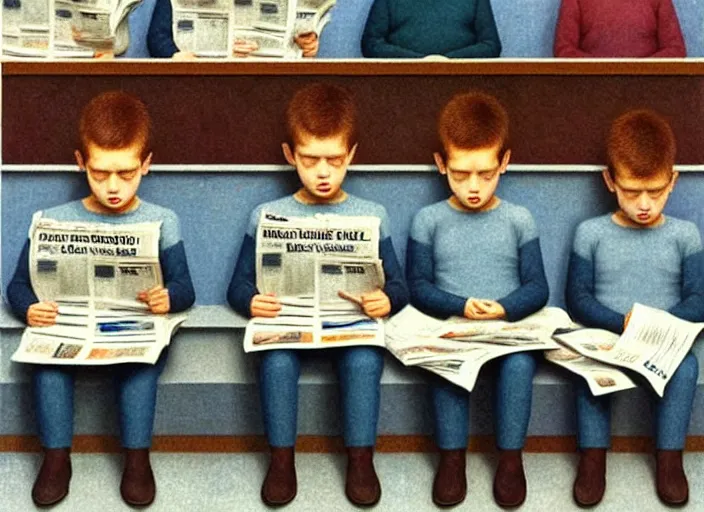 Image similar to a very boring day in school, kids faced away, all wearing identical clothes and reading newspapers, painting by quint buchholz and ray caesar, muted colors, gray, dull, boring, low energy, pale blue faces, very detailed, very coherent