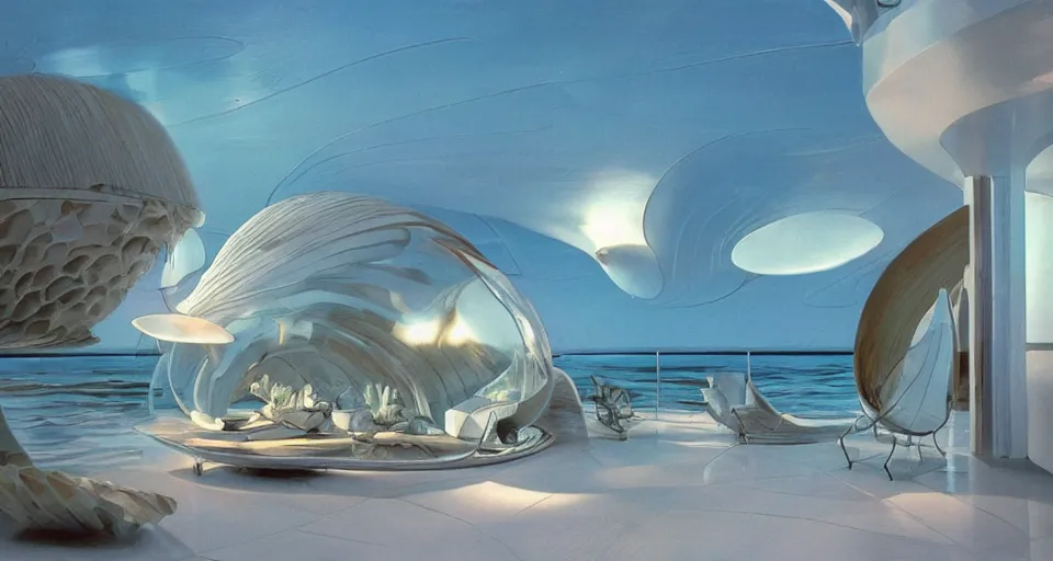 Image similar to nacre seashell house, atmospheric cinematography by syd mead