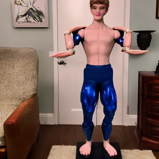 Image similar to a realistic detailed photo of a guy who is an attractive humanoid who is half robot and half humanoid, who is a male android, twitch streamer ninja tyler blevins, shiny skin, posing like a statue, blank stare, in a living room, on display, showing off his muscles