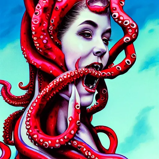 Prompt: highly photorealistic expired fuji film portrait of woman with long tentacled red tongue combined with stranger creatures, in the style of frank bairstow, artgerm, imax quality, 8 k, award winning photography