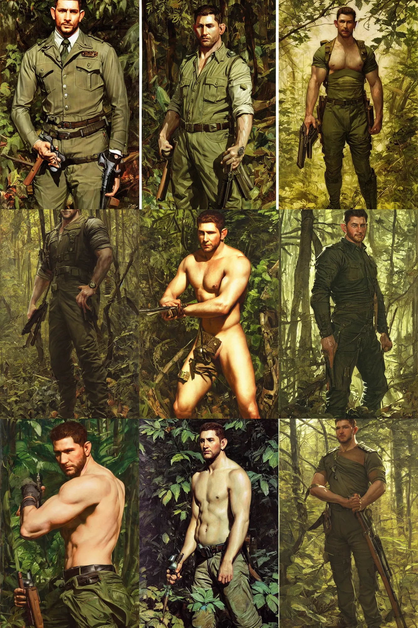 Prompt: chris redfield in forest, painting by j. c. leyendecker
