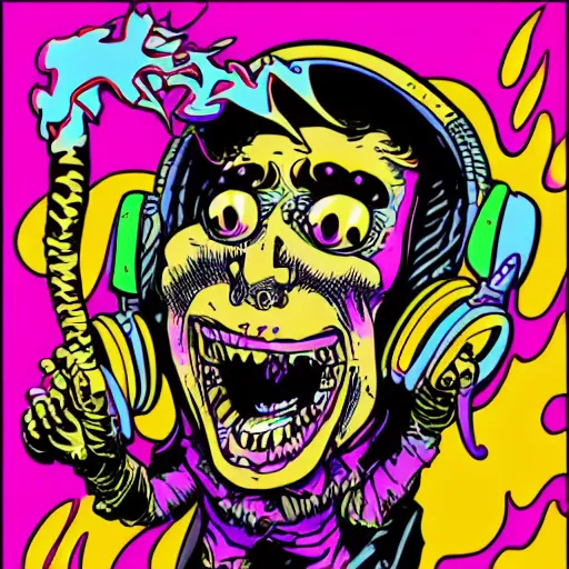 Prompt: todd mcfarlane art, psychedelic laughing demon, rocking out, headphones dj rave, digital artwork, r. crumb, svg vector