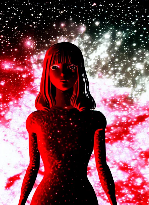 Prompt: highly detailed portrait of a hopeful pretty astronaut lady with a wavy blonde hair, by Gregory Crewdson, 4k resolution, nier:automata inspired, bravely default inspired, vibrant but dreary but upflifting red, black and white color scheme!!! ((Space nebula background))