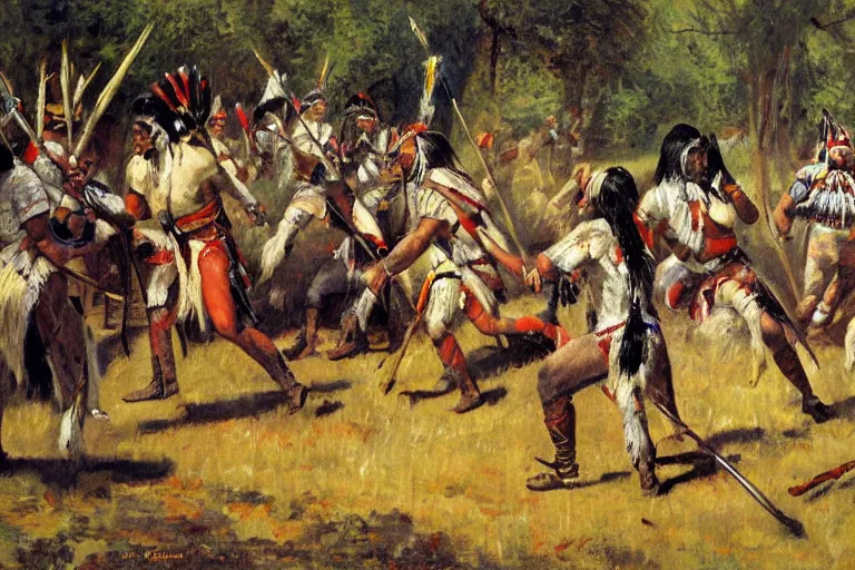 Prompt: native americans decapitating colonists, impressionist painting