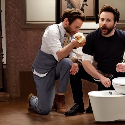 Prompt: Charlie Day and Rob McElhenney, kneeling down eating ice cream out of a white toilet bowl together, norman Rockwell