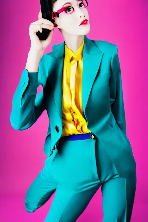 Image similar to realistic photoshooting for trouser suit, bright colors, vhs colour photography, fashion photography, vogue, smooth skin, perfect face, 8 0 mm lens, 1. 2 aperture, cinematic light, agency model img models