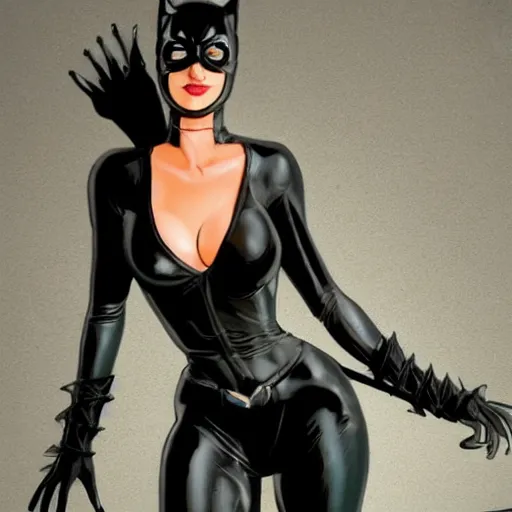 Prompt: High definition, high octane, award winning full body shot of Catwoman posing for the camera and carresing Batman, realistic.