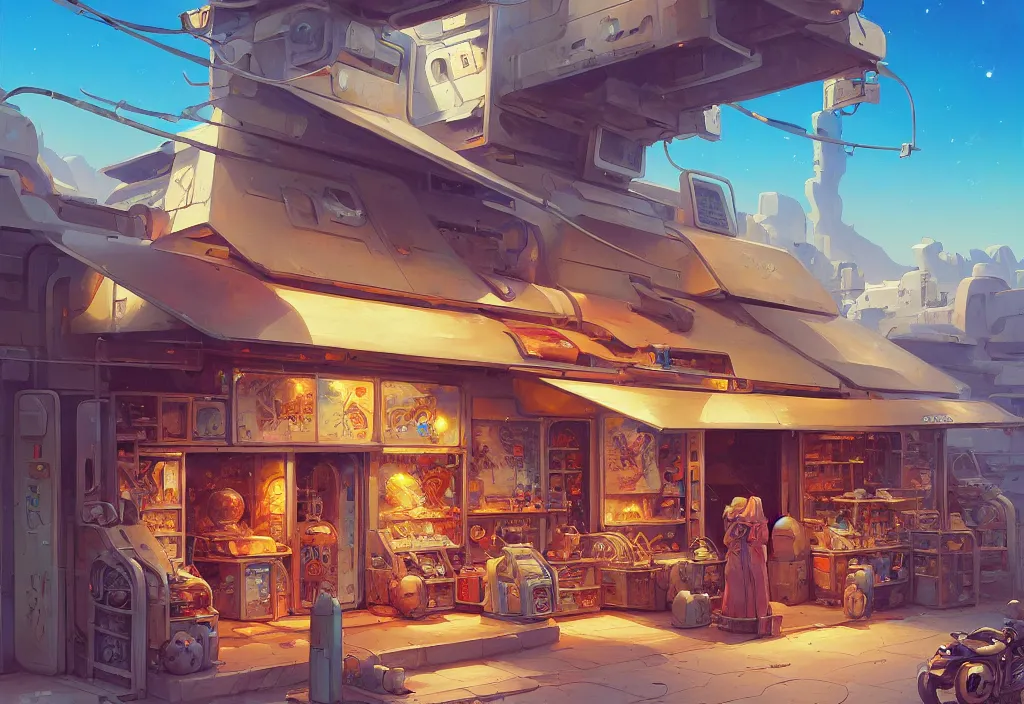 Image similar to a small chubby futuristic shop in the desert surrounded by two metal boxes, intricate oil painting, high detail illustration, sharp high detail, manga and anime 1 9 9 9, official fanart behance hd artstation by jesper ejsing and makoto shinkai, 4 k,