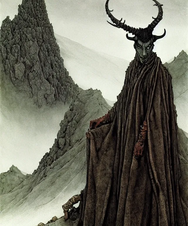 Image similar to A detailed horned crocodileman stands among the hills. Wearing a ripped mantle, robe. Perfect faces, extremely high details, realistic, fantasy art, solo, masterpiece, art by Zdzisław Beksiński, Arthur Rackham, Dariusz Zawadzki