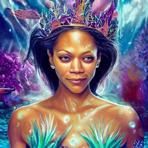 Image similar to zoe saldana portrait, fantasy, mermaid, hyperrealistic, game character, underwater, highly detailed, sharp focus, cinematic lighting, pearls, glowing hair, shells, gills, crown, water, highlights, starfish, jewelry, realistic, digital art, pastel, magic, fiction, ocean, king, colorful hair, sparkly eyes, fish, heroic, goddess, waves, bubbles, queen