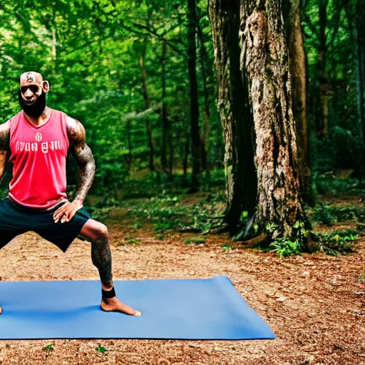 Image similar to lebron james doing yoga in the forest, ( eos 5 ds r, iso 1 0 0, f / 8, 1 / 1 2 5, 8 4 mm, postprocessed, crisp face, facial features )