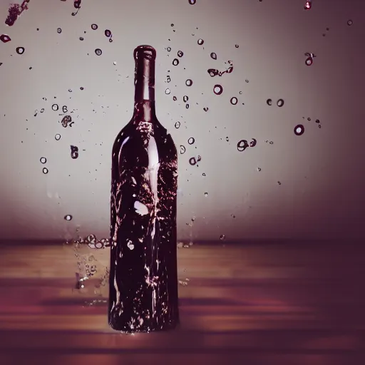 Prompt: photography of a wine bottle crashing on the floor, bottom bottle explode but bottle neck remain, clear view on the label, wine splash, cinematographic look, award photography