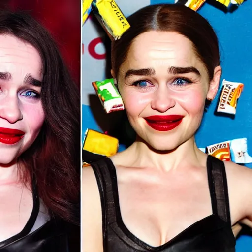 Image similar to emilia clarke mixed with a candy bar, clark bar, candy packaging, disturbing, coherent.,