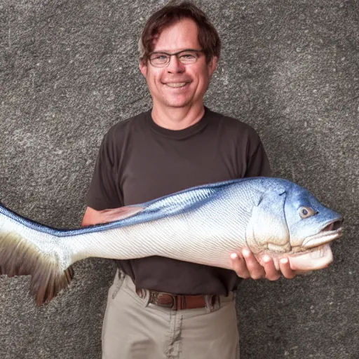 Prompt: A photo of a man holding the world's longest fish, realistic, ultra high detail, 8k.