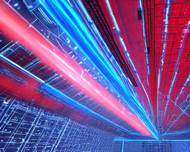 Image similar to datacenter protected by red laser trip - wires, server in the middle, deep view, heavy blue led lights, wires connected, award winning, extremely detailed, artstation, 8 k, incredible art