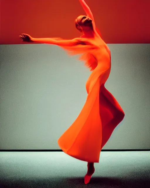 Image similar to expressively dancing on a bold James Turrell lit stage, a beguiling modern dancer dynamic Pantene gorgeous long luxurious hair flowing and flipping, high fashion photograph, isolated on vivid orangered, By Steven Meisel, by WLOP