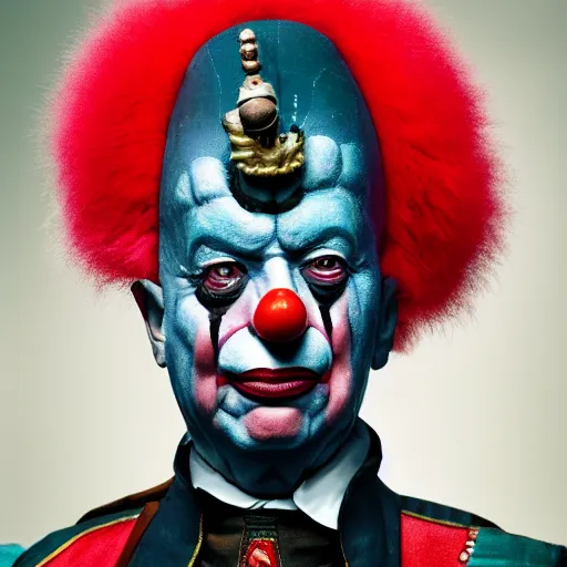 Image similar to UHD candid color photo of Klaus Schwab dressed as dystopian emperor, wearing accurate clown makeup, accurate face, UHD, photorealistic, correct face, photo by Annie Leibowitz