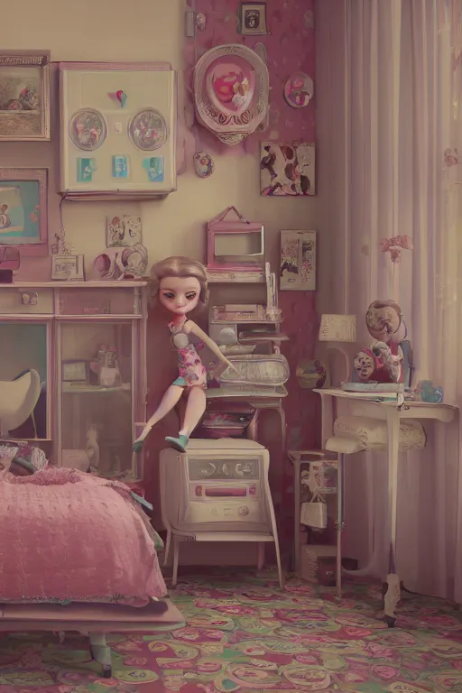 Prompt: wide - angle portrait of a retro girl's room 1 9 5 0 s, dolls, depth of field, zeiss lens, detailed, symmetrical, centered, fashion shoot, by nicoletta ceccoli, mark ryden, lostfish, stunning, 8 k resolution, extremely detailed, beautiful, establishing shot, artistic, hyperrealistic, octane render