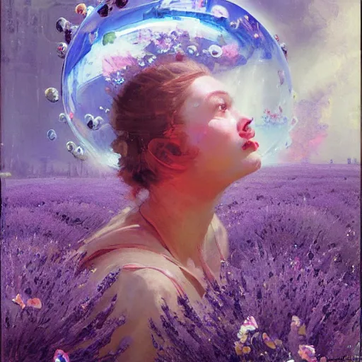 Prompt: a girl with three eyes : : on 5 translucent luminous spheres, full of floral and berry fillings, in an ocean of lavender color by john berkey