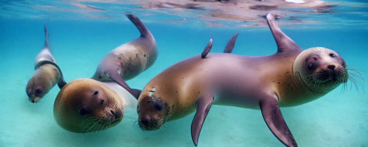Image similar to seals eating spaghetti underwater in the ocean, canon 5 0 mm, in the style jacques cousteau, kodachrome
