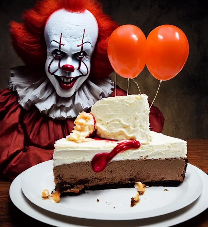 Image similar to pennywise the clown eating a whole cheesecake at applebee's restaurant, hyper realistic, photograph, high definition, wow, real, 4 k