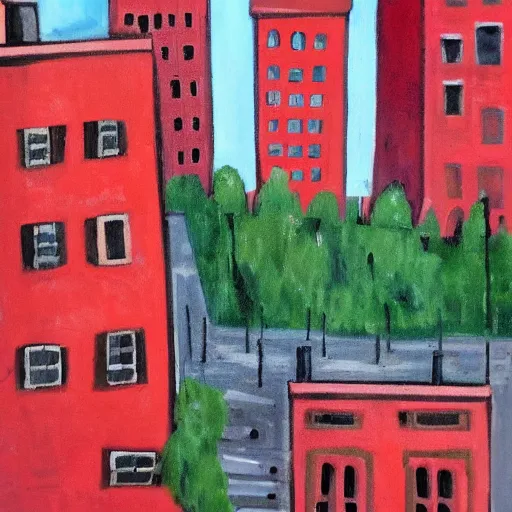 Prompt: urban landscape. red buildings, chimneys