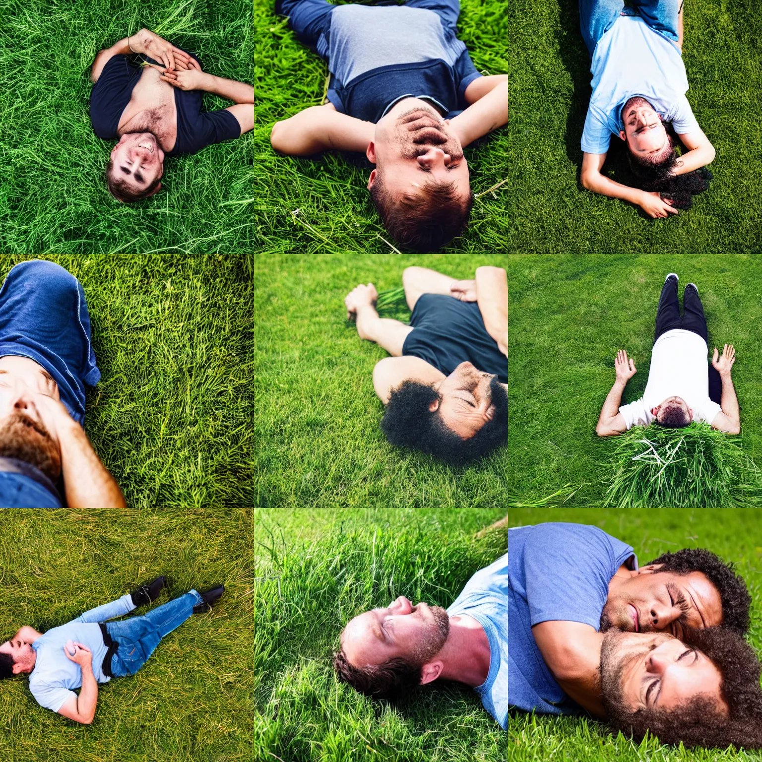 Prompt: man laying on ground with a bundle of grass in his mouth